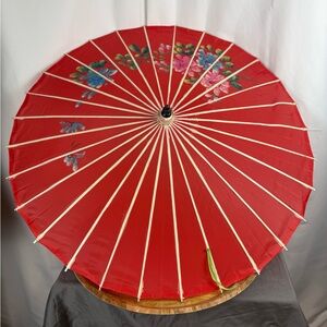Vintage Red Asian Paper Parasol Hand Painted Umbrella